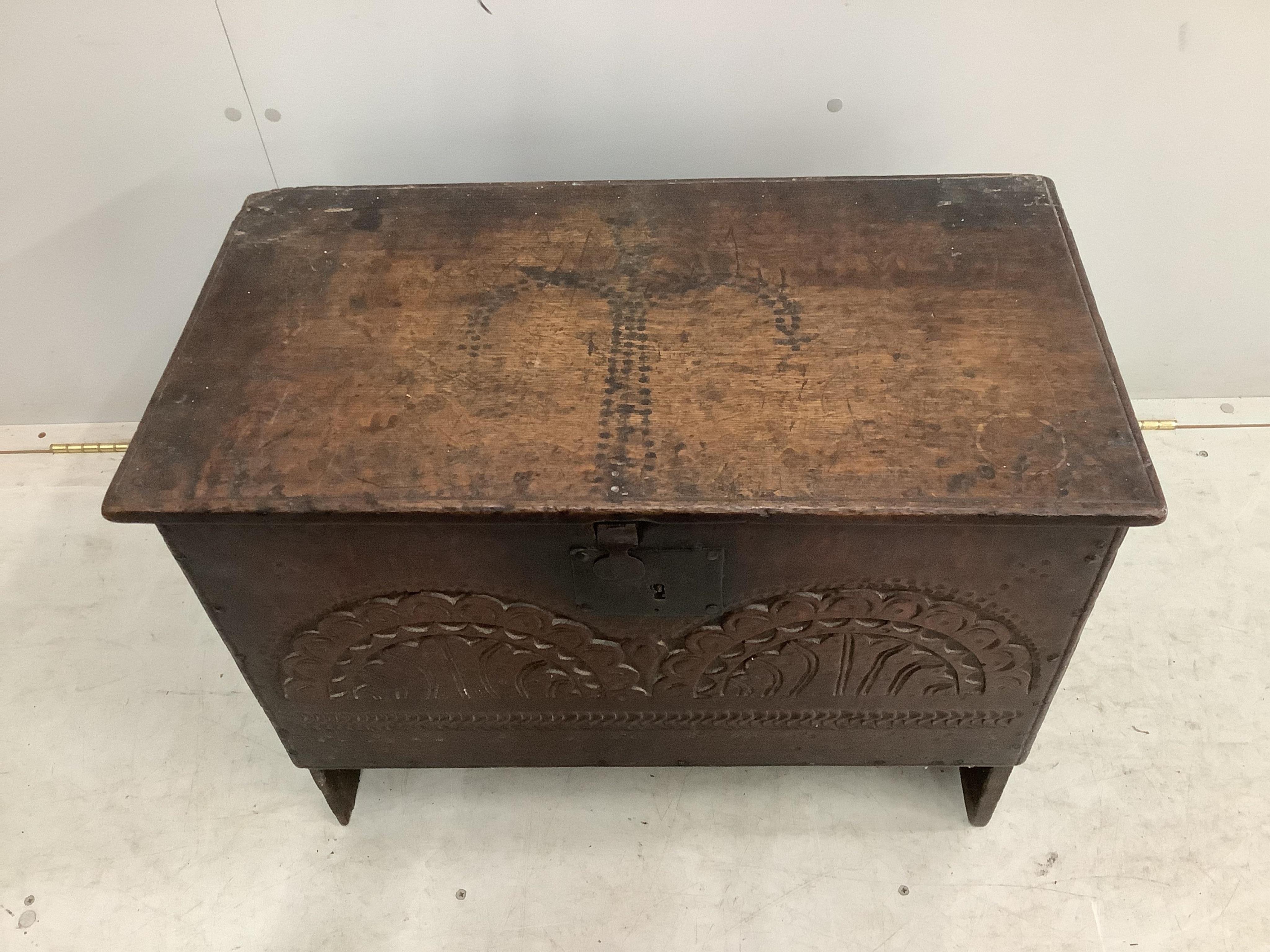 A small 17th / 18th century boarded oak coffer, width 70cm, depth 38cm, height 54cm. Condition - fair